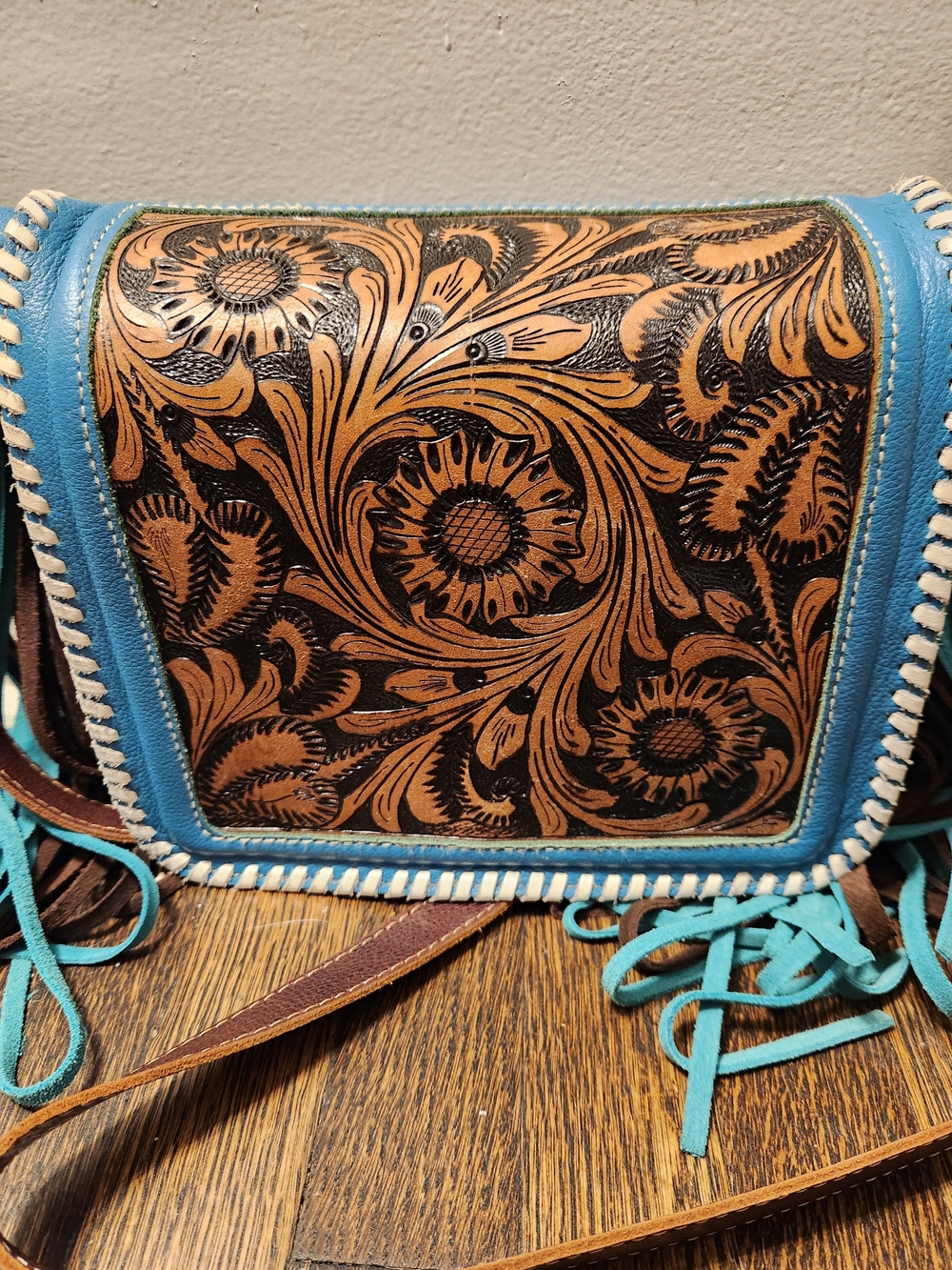 Myra Bag Brown Tooled Leather Crossbody with Turquoise Trim